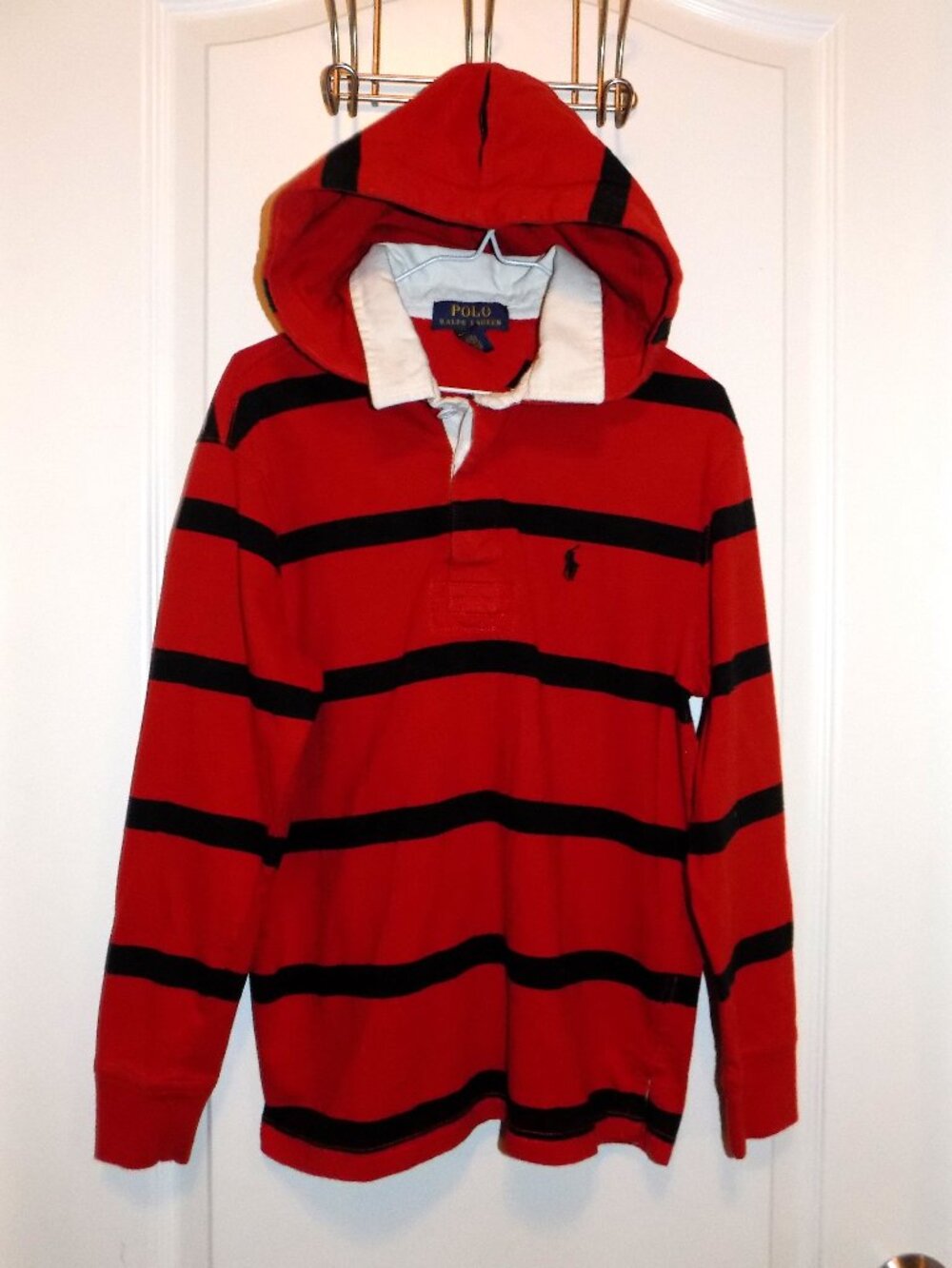 Boys RALPH LAUREN Red Black Striped Rugby Polo Hoodie Tshirt 10-12 Like new